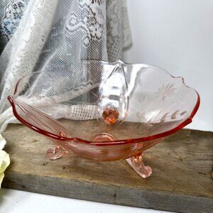 Vintage Pink Depression Glass Etched Floral Footed Bowl With Scalloped Edge